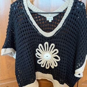 POL Black and Cream Floral V-Neck Sweater